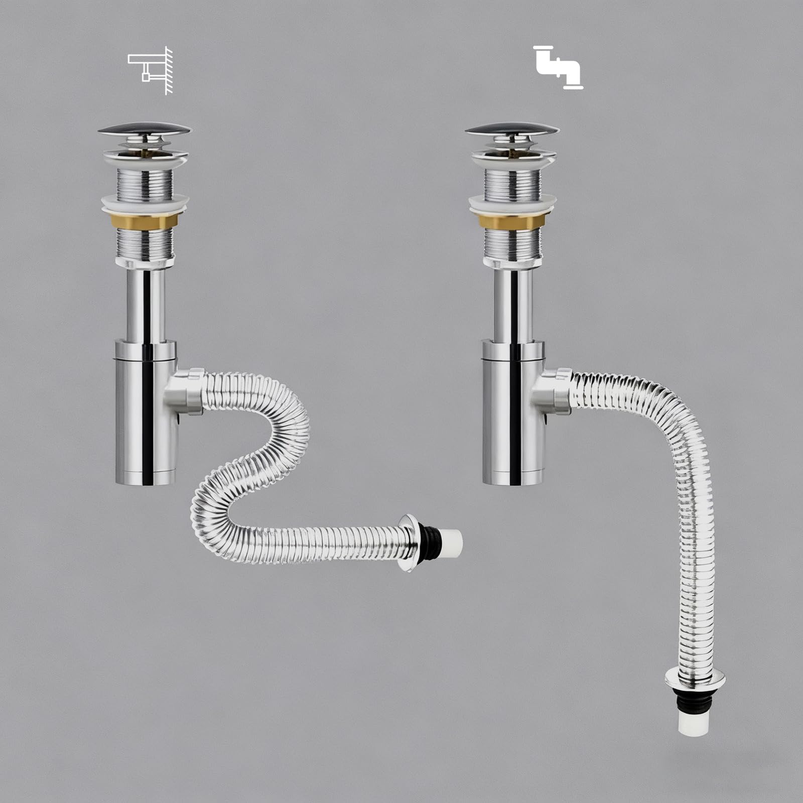 Sifón Fregadero Cocina Con Rebosadero,Válvula Click Clack,Altura Ajustable,Sifón Lavabo Flexible Cromado,Tubo De Desagüe Antiolor Antiobstrucción