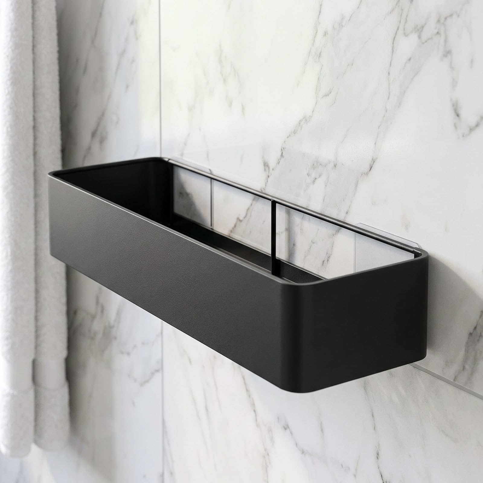 Estante de Ducha Negro de Acero al Carbono y Estructura Inferior Hueca Diseño de Estantes Flotantes sin Taladro para Baño y Dormitorio