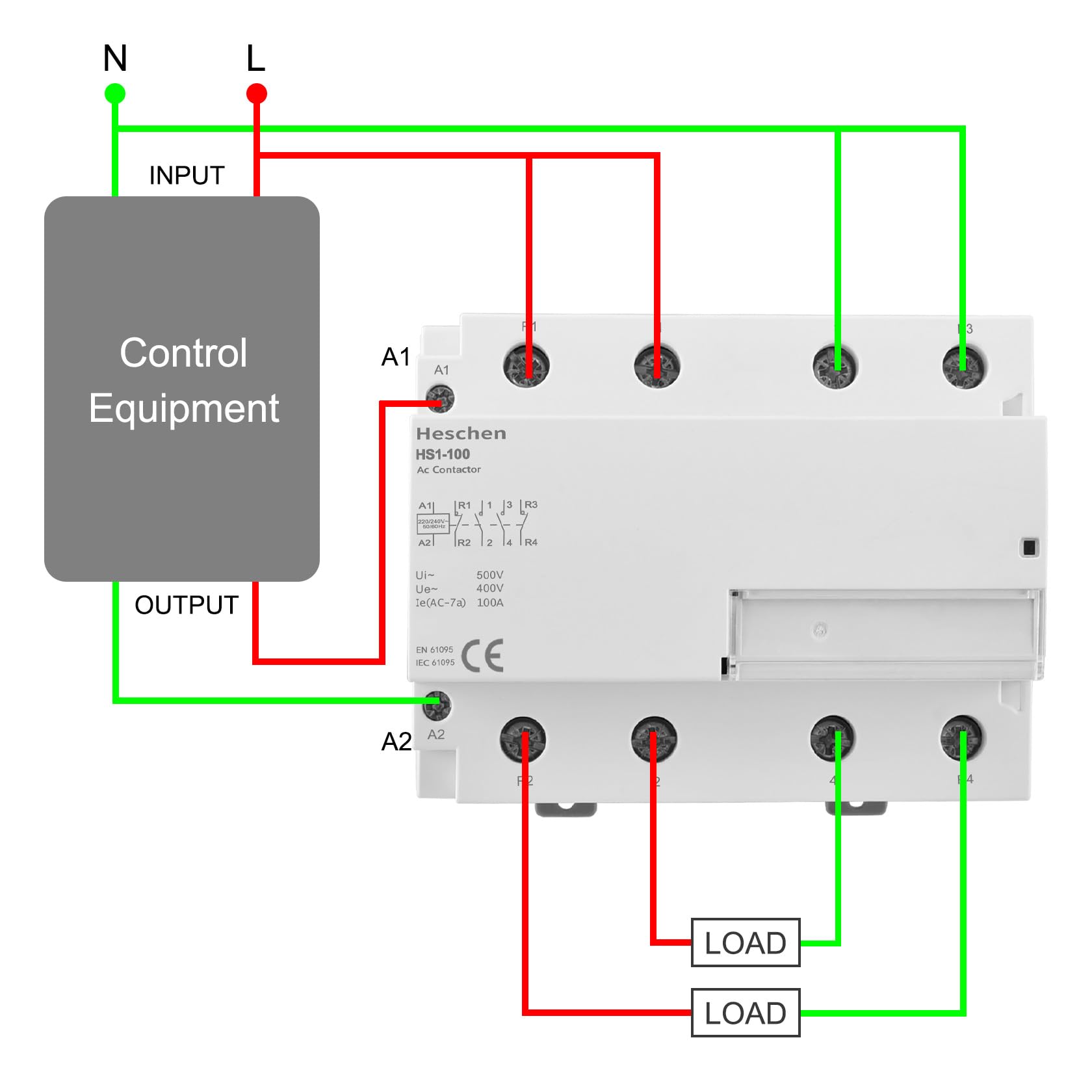 Heschen Contacteur CA domestique, HS1-100, Ie 100A, 4 pôles 2NO 2NC, tension de la bobine CA 220V, montage sur rail DIN 35mm