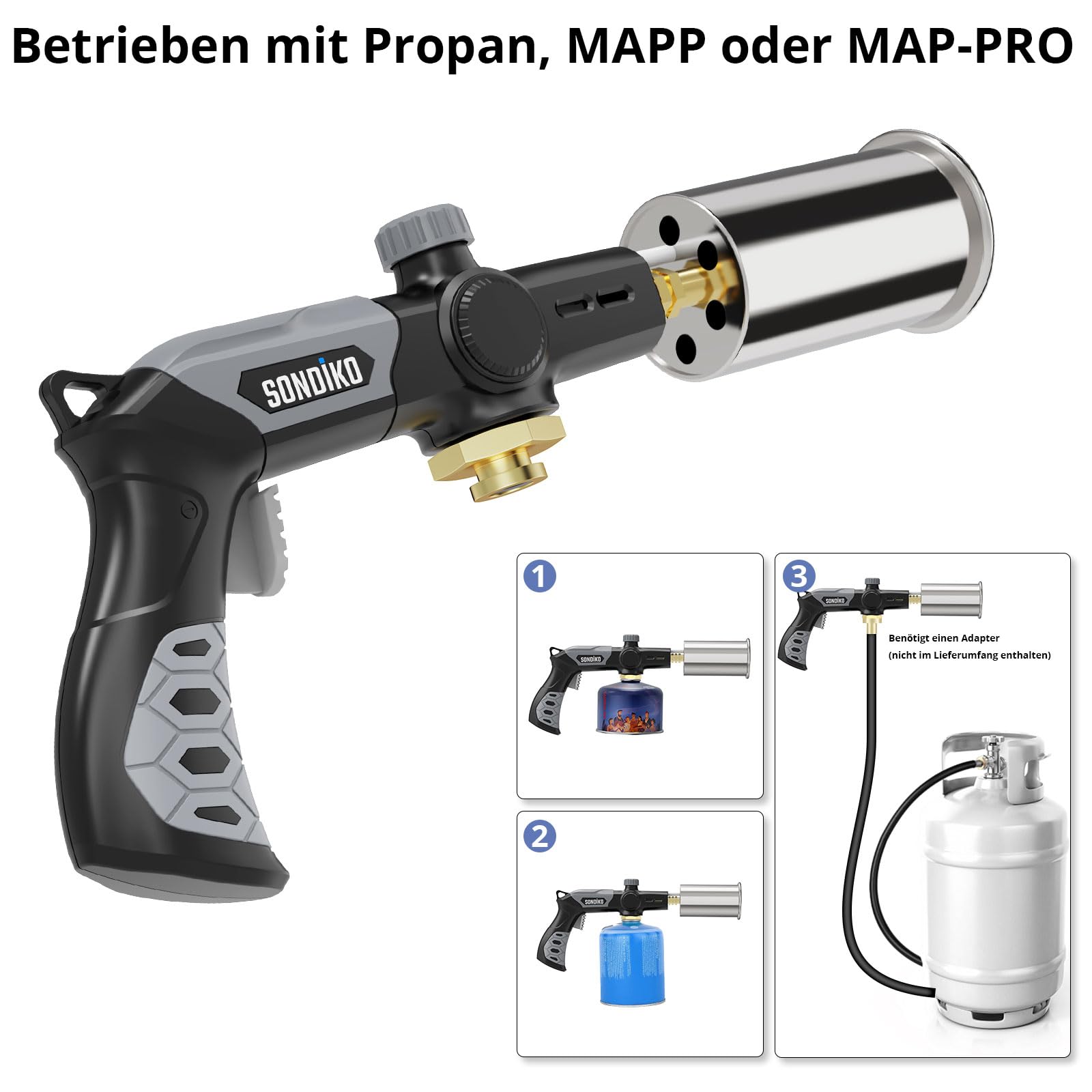 Sondiko Flambierbrenner Propanbrenner L8010, Sous Vide, Bunsenbrenner Lagerfeueranlasser, Gasbrenner von Steak, Grillen, Schweißen (schwarz, grau) Propantank nicht inbegriffen