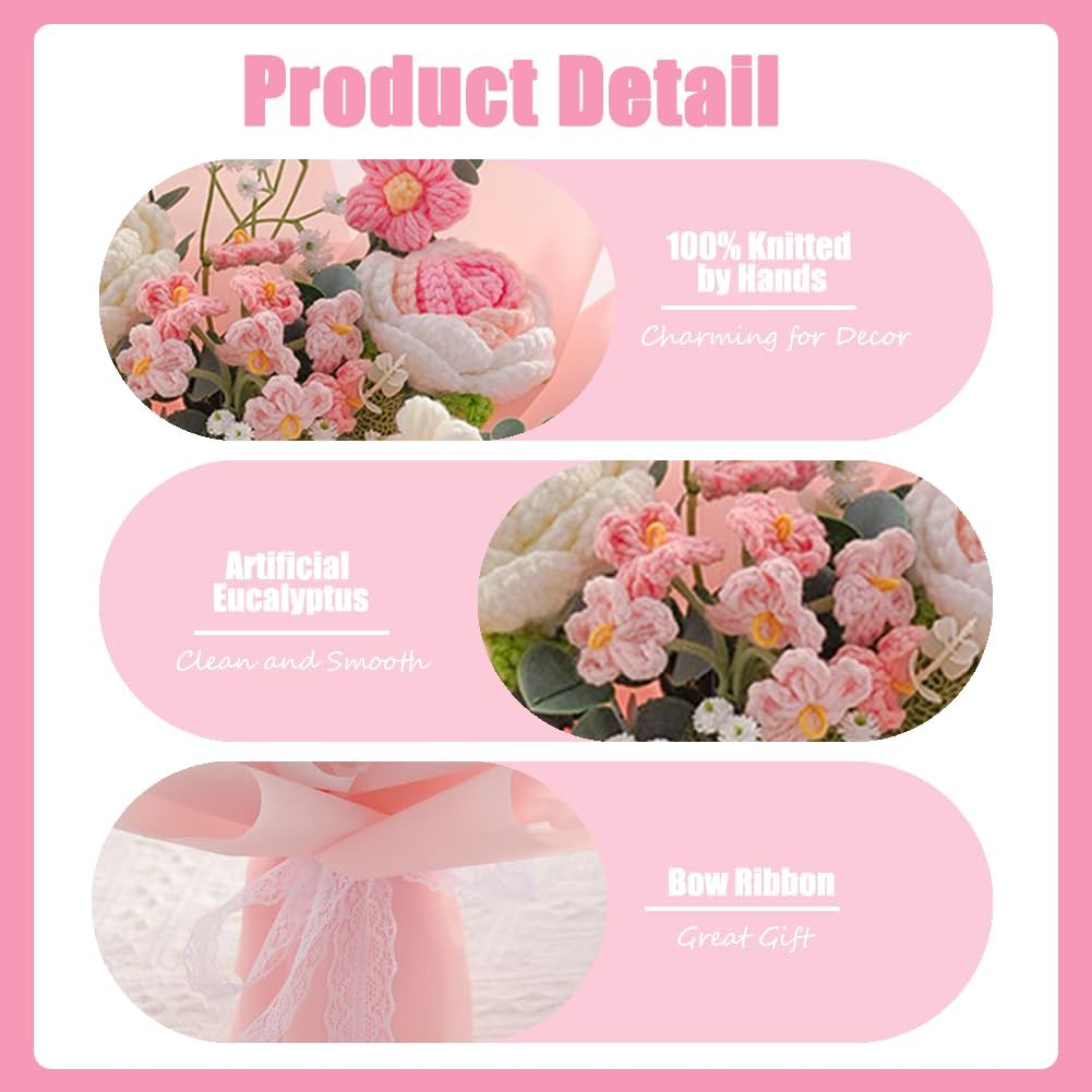 Handmade Crochet Rose Flower Bouquet: Artificial Knitted Rose Gift for Wife Mother Girlfriend for Festival Wedding Graduation Anniversary (Pink)