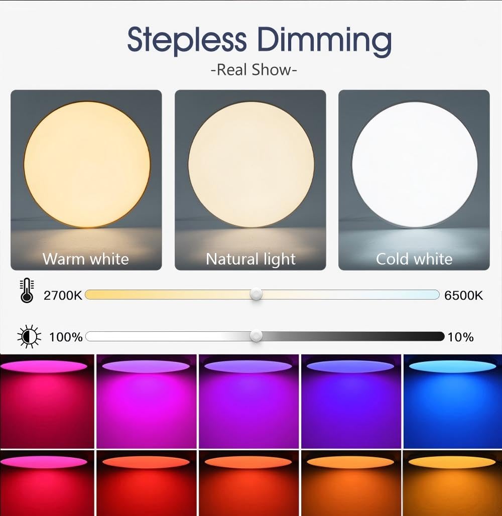 Lampada da Soffitto LED Intelligente 24W Dimmerabile, RGB+CCT 2700K-6500K, Compatibile Alexa/Google, IP54 Impermeabile, Timer, Modalità Musica, Luce Notturna per Casa