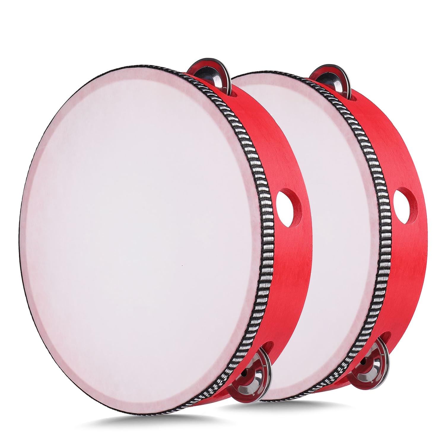 Flexzion Wood Handheld Tambourine 8" Inch Single Row 5 Pair Jingles (2 Pack, Red) - Hand Held Percussion Drum Moon Musical Tambourine with Ergonomic Handle Grip