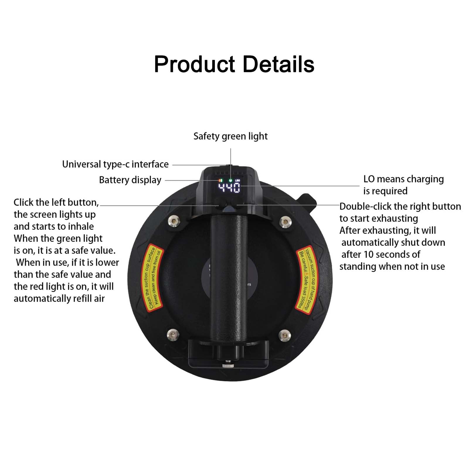 Ventosa Eléctrica (control Remoto), Ventosas Para Vidrio (230 Kg), Batería De 12 Horas De Duración + Antideslizamiento, Diámetro 21 Cm/8 Pulgadas (mayor Succión), Para Manipulación,White