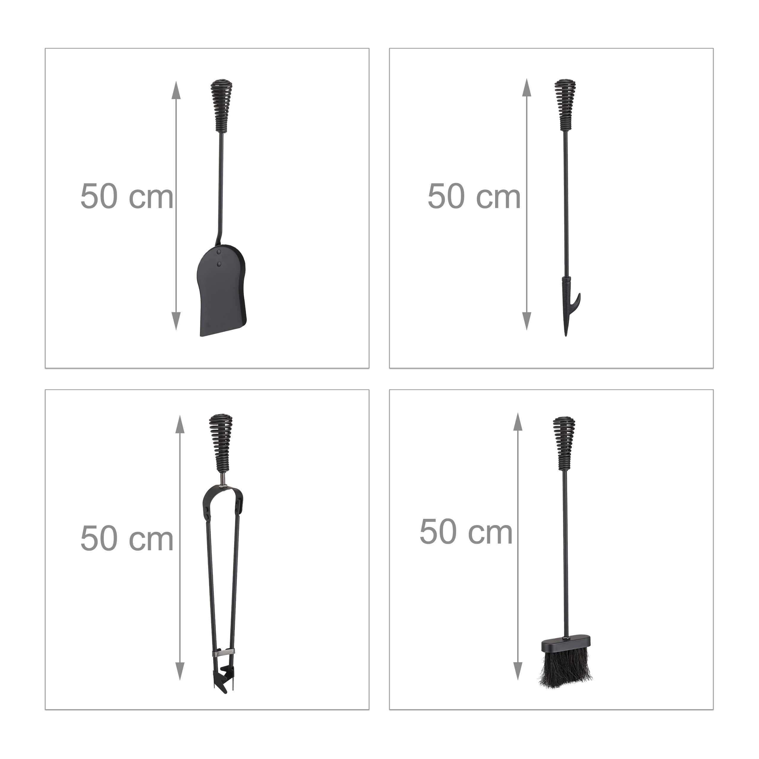 Relaxdays Set di Attrezzi da Camino, 5 Accessori, Attizzatoio, Paletta, Scopino, Pinza e Supporto Porta Utensili, Nero