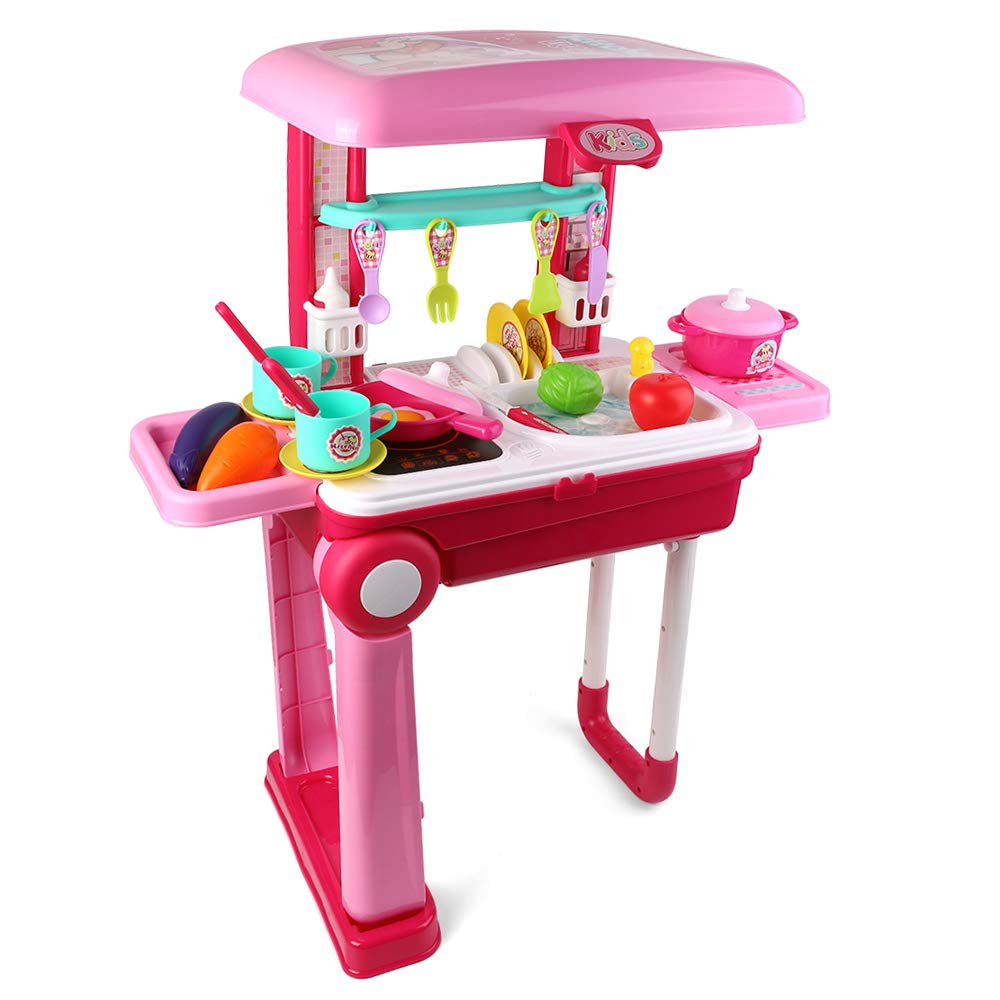 Kid's Cooking Toy Set Pretend Play Kitchen Playset for Girls, Pink with 24 Piece Accessory Set, Real Lights and Sounds