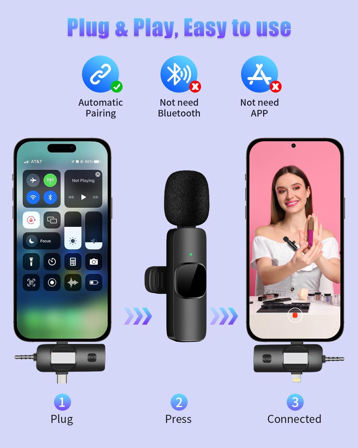 Wireless Lavailer Microphone for iPhone, Android, Camera, iPad, USB C, 4 in 1 Professional Mini Microphone with Noise Reduction, Wireless Mic for Video Recording, Vlog, YouTube, TikTok - Image 6