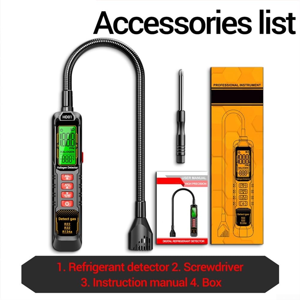 Detector de fugas HD01 para R22/R32/R134a, medidor digital de fugas 0 – 1000 PPM con circuito flexible y alarma, detector halógeno para sistemas de aire acondicionado de coche y sistemas HVAC (RT01