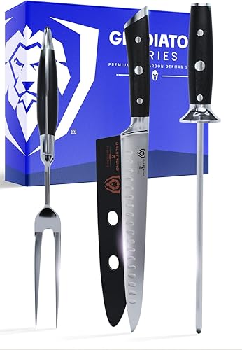 Dalstrong Juego de cuchillos y tenedores para tallar, serie Gladiator Elite, acero alemán forjado de alto carbono, 4 piezas, cuchillo y funda de