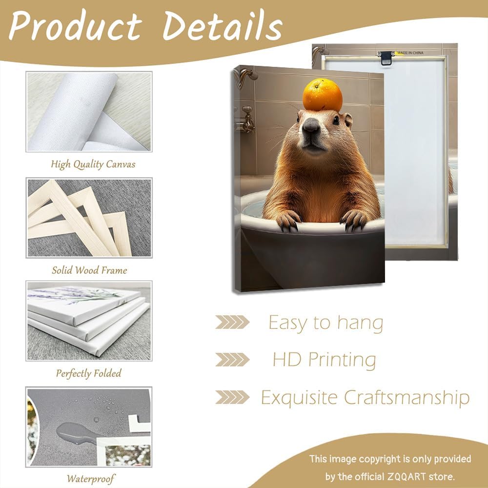 ZQQART Capybara Bathroom Canvas Wall Art Cute Capybara in Bathtub Picture Prints Funny Bathroom Decor for Kids Room Restroom Decor (brown,12" Wx18 L)