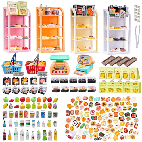 199PCS Mini Shopping Basket Cash Register Cake Donuts Storage Box Shelves Miniature Food Drink Toy Supermarket Metal Handcart Dollhouse Store Grocery Dessert Shop Accessories Trolley Party Model