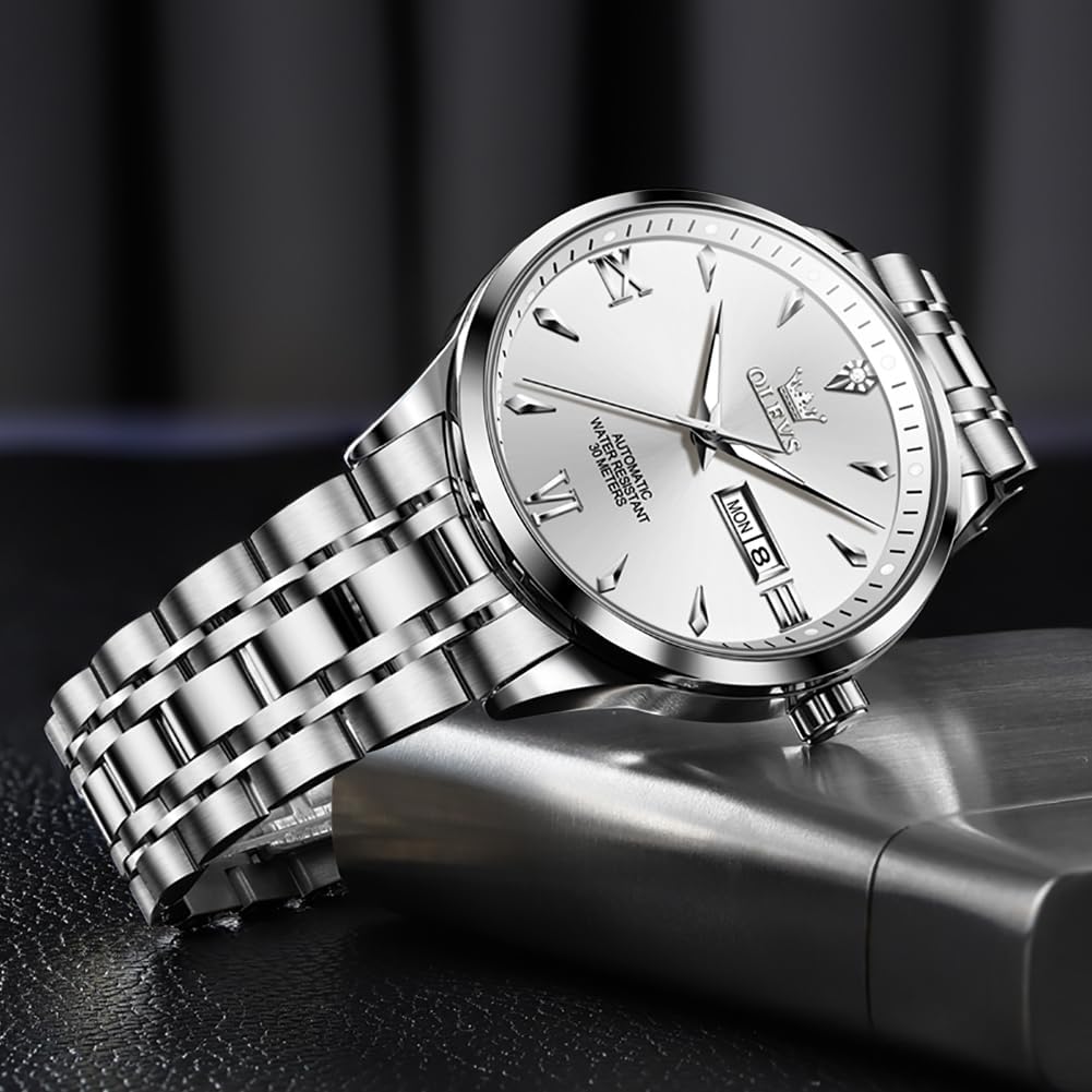 OLEVS Automatic Watches for Men Self Winding Mechanical Wristwatch Luxury Business Dress Stainless Steel Luminous Waterproof Calendar Mens Watch