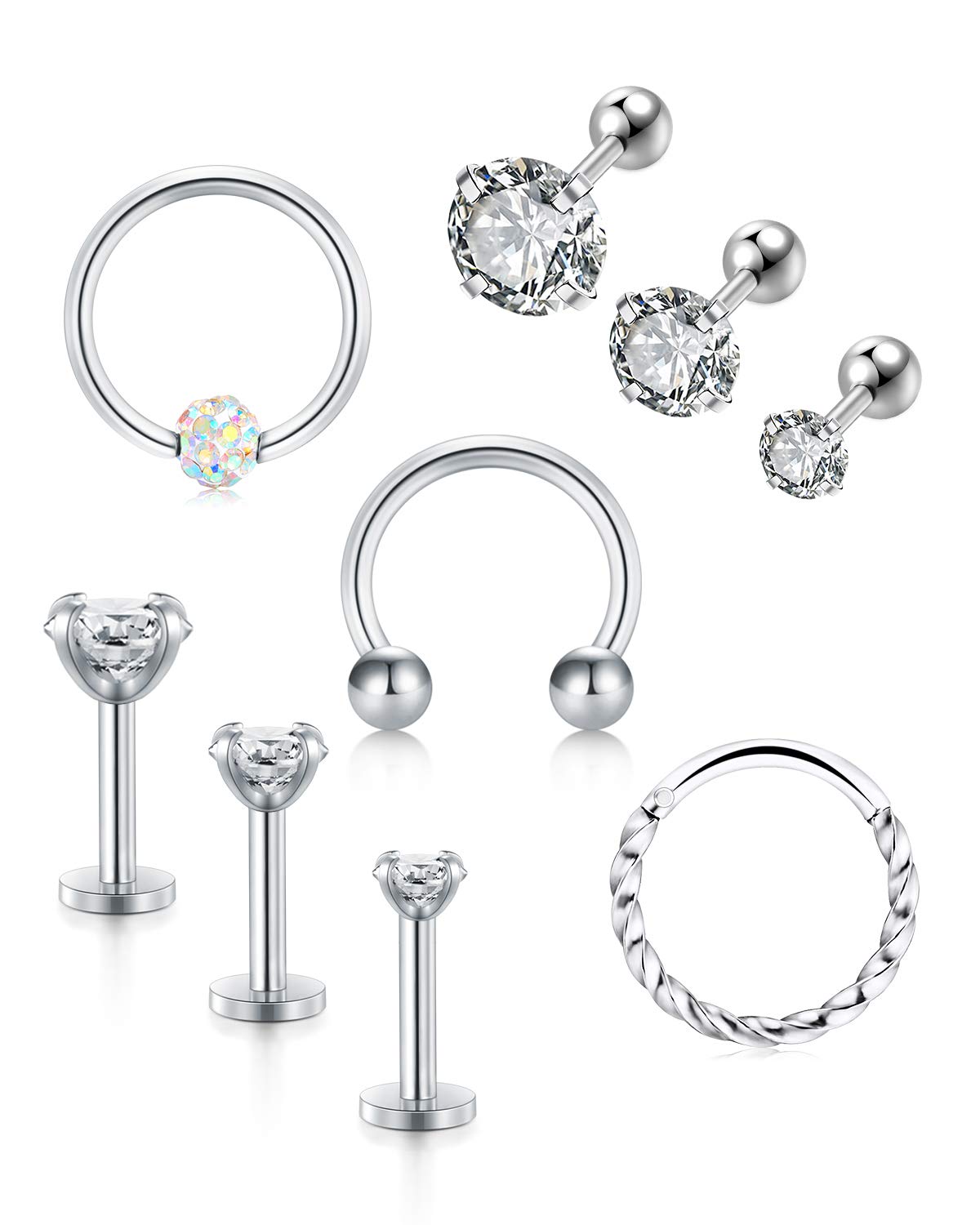 LAURITAMI 9 Coppia 16G Acciaio Inossidabile Piercing Helix Cartilagine Orecchino Cubic Zirconia Inlaid Tragus Orecchinos Pernos Studs Piercing Gioielleria 6mm