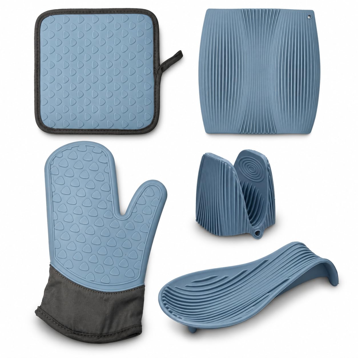 GEM+ | 5 Piece Silicone Oven Mitts and Pot Holders Set – Heat Resistant Oven Glove, Pot Holder, Trivet, Spoon Rest and Pinch Grip for Hot Pans, Baking Trays and Kitchen Cooking, Grey Blue