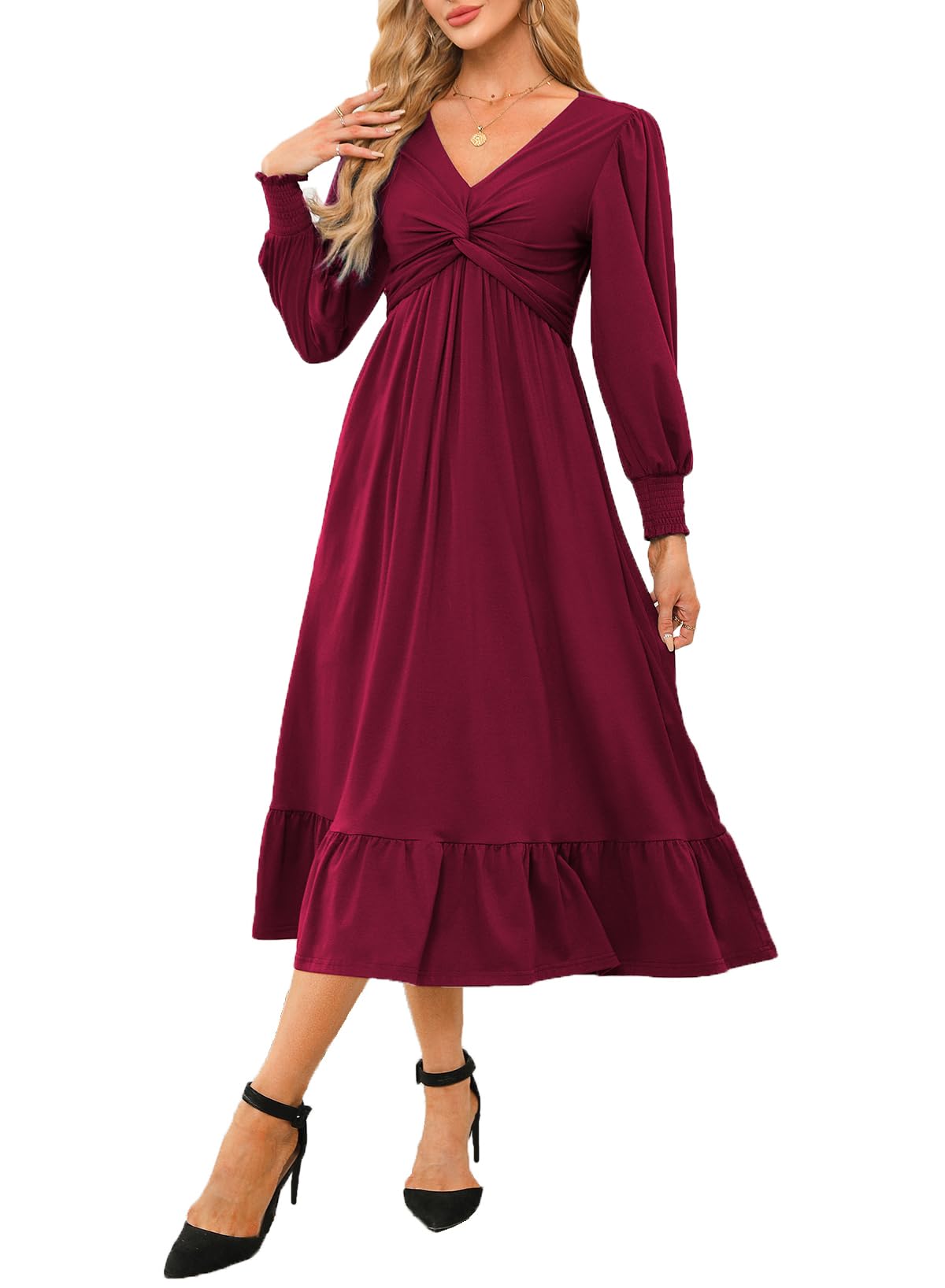Dokotoo Womens 2024 Wrap V-Neck Twist Knot Long Sleeve Empire Waist Midi Maxi Dress A-Line Ruched Flowy Dress with Pockets-Large