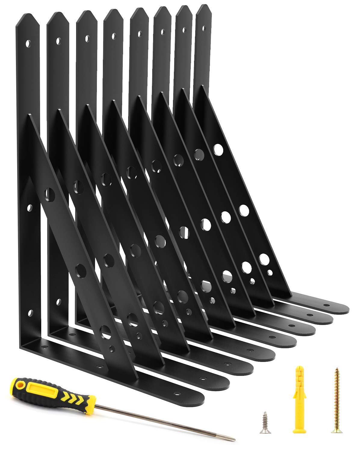 Blingstar Shelf Brackets Heavy Duty Triangle Wall Brackets 8 Pack 11.8x7.5 Inch Steel L Bracket Industrial 90 Degree Metal Shelf Support for Garage Kitchen Cabinet Floating Shelves, with Screws, Black