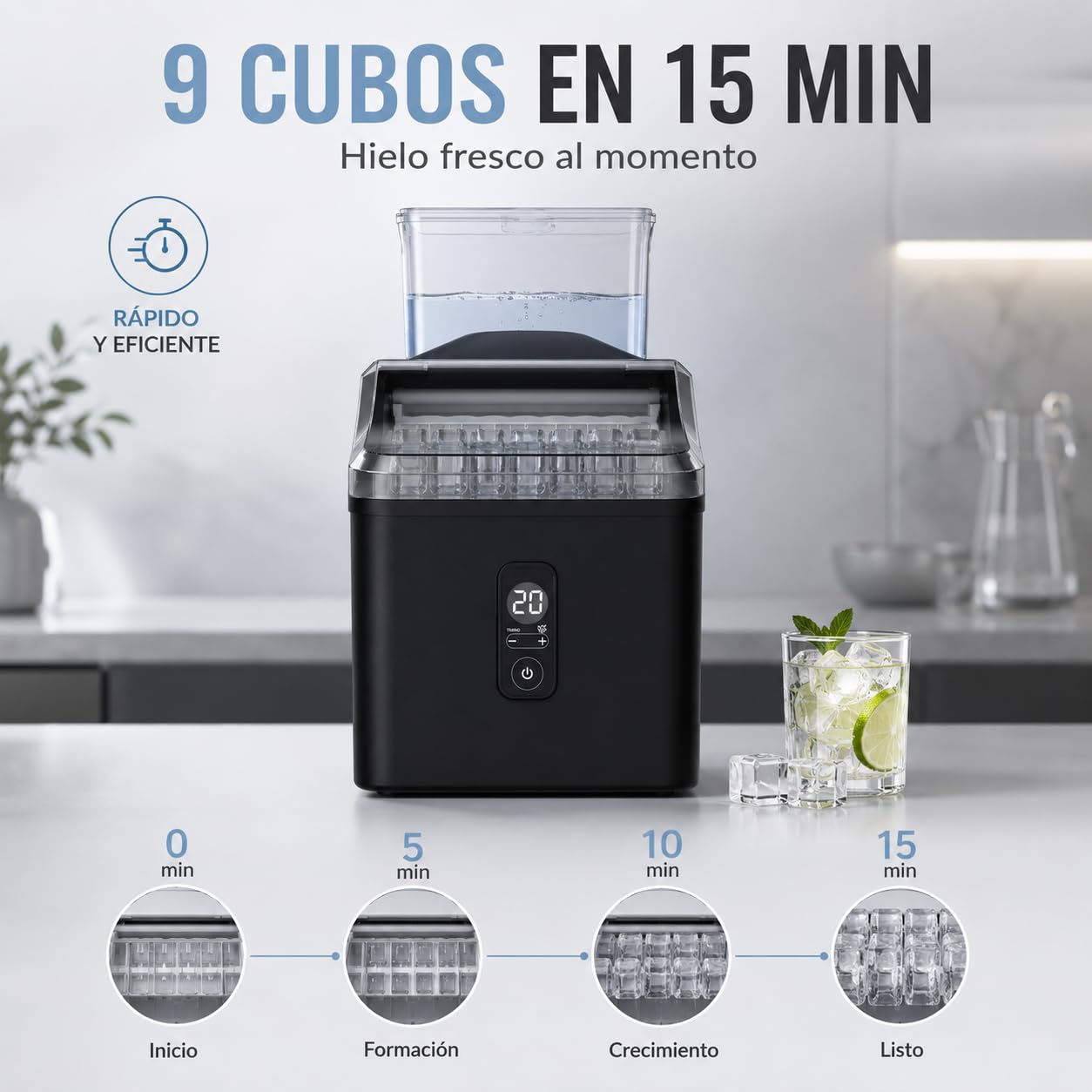 Máquina de Hielo Cubitos Cuadrados 10kg/24h, 9 Cubos en 15 Min | Cubitos transparentes ideales para whisky, cócteles y café frío. Panel digital, temporizador 24h y autolimpieza automática.