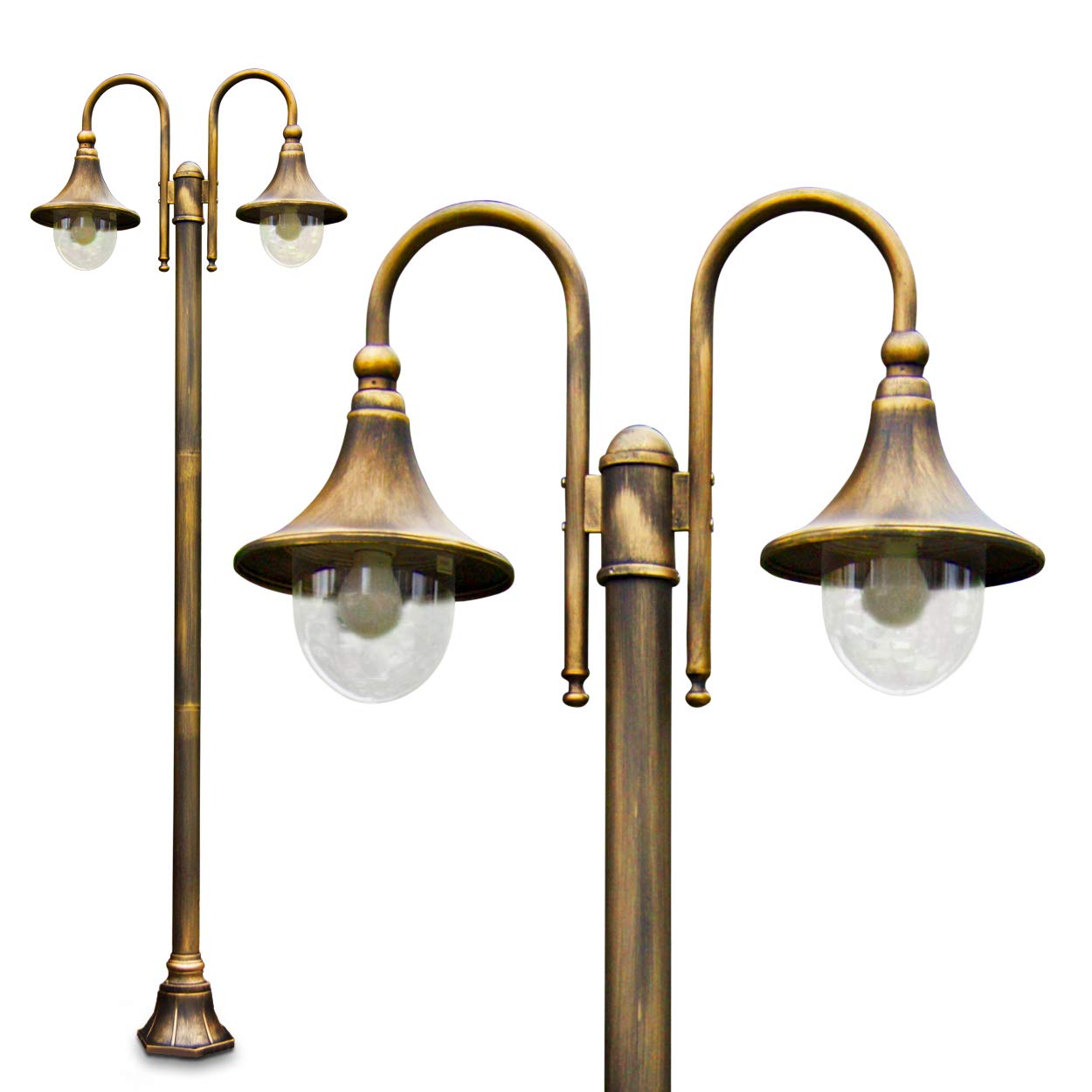 Elgin Outdoor lamp, Candelabra in Antique Look, Metal in Brown/Gold with Plastic lampshades, 2-arm Path Light 225 cm, Retro/Vintage Garden lamp, E27 Socket, IP44, Bulbs not Included