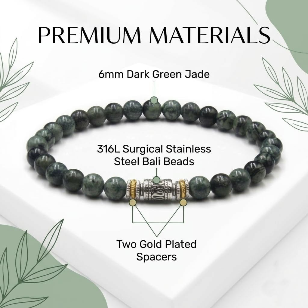 Kartini Studio Dark Green Jade Bracelet, Men's Jade Bracelet, Bead Jewelry for Man