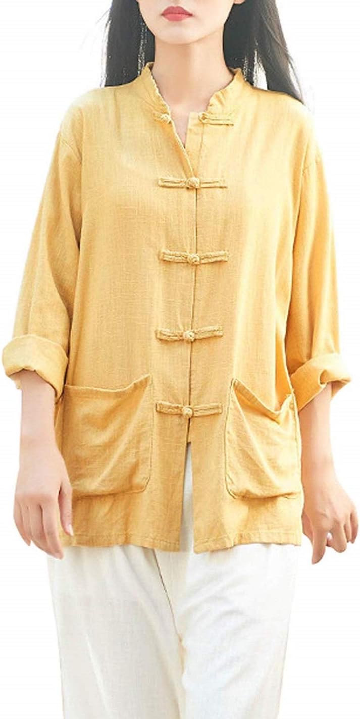 Lazutom Women's Cotton Linen Frog Button Mandarin Collar Top Chinese Martial Arts Kung Fu Tai Chi Shirt Tunic