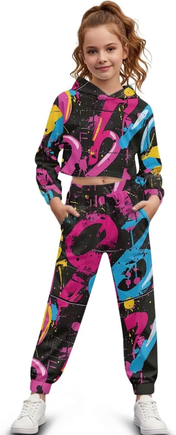 Long Sleeve Crop Pullover Sweatshirt Sweatpants Fashion Tracksuit Jogger Set Girls' Athletic Hoodies Kid Sweatsuit