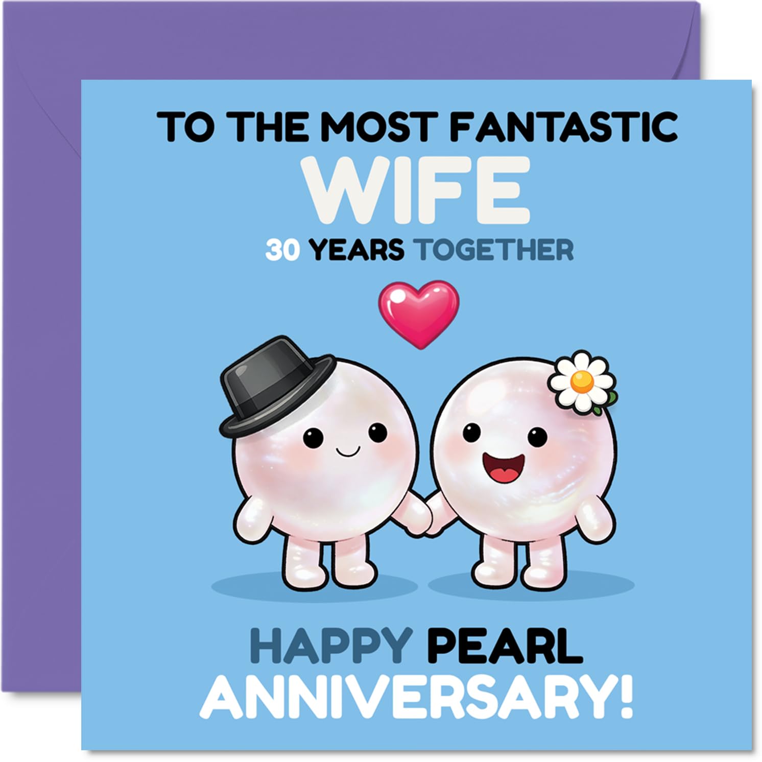 Sweet 30th Anniversary Card for Wife - Pearl Anniversary Giggles - Two Adorable Pearls Holding Hands on a Cheerful Design - 145mm Square, Envelope Included