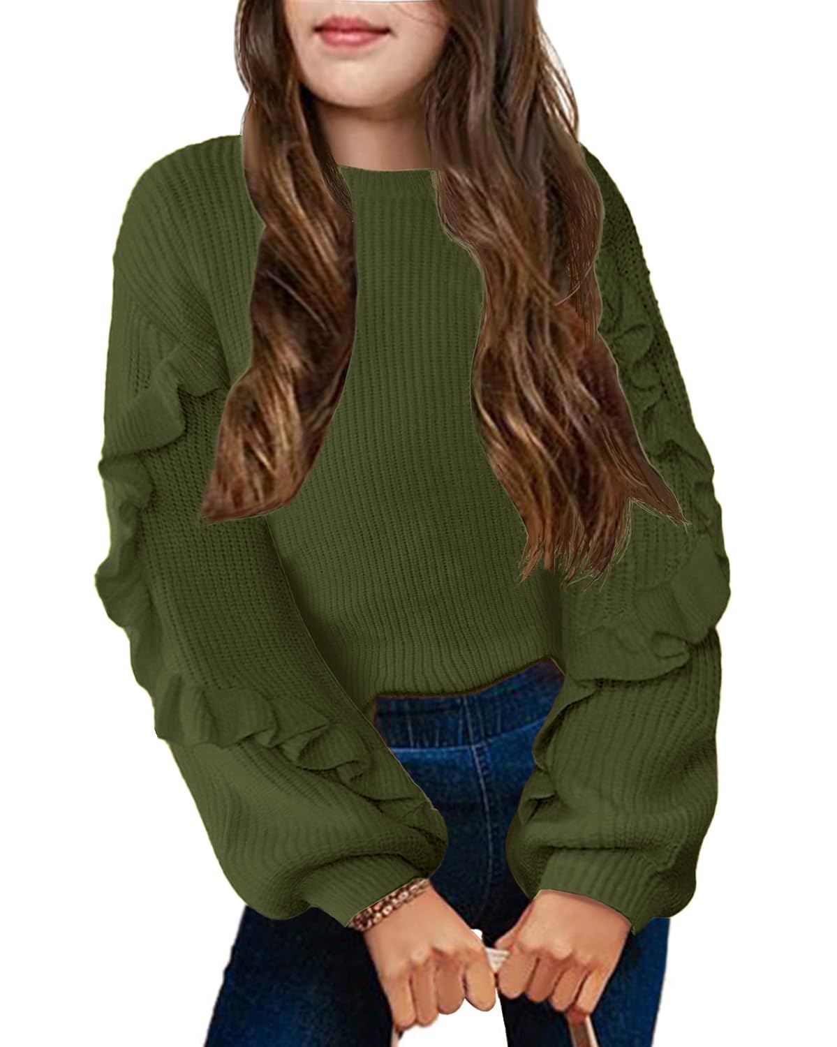 Arshiner Girls Long Lantern Sleeve Sweaters Crew Neck Knit Pullover Jumper Top