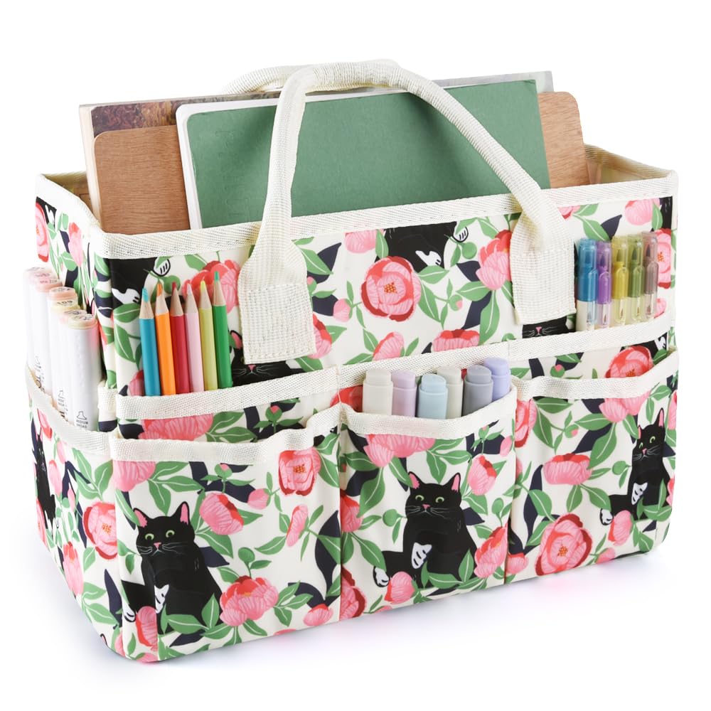 E-WEICHEN Craft Organizer Tote Bag Art Storage Caddy with Multiple Pockets Containers for Art,Craft,and Office Supplies Storage.Rose Cat