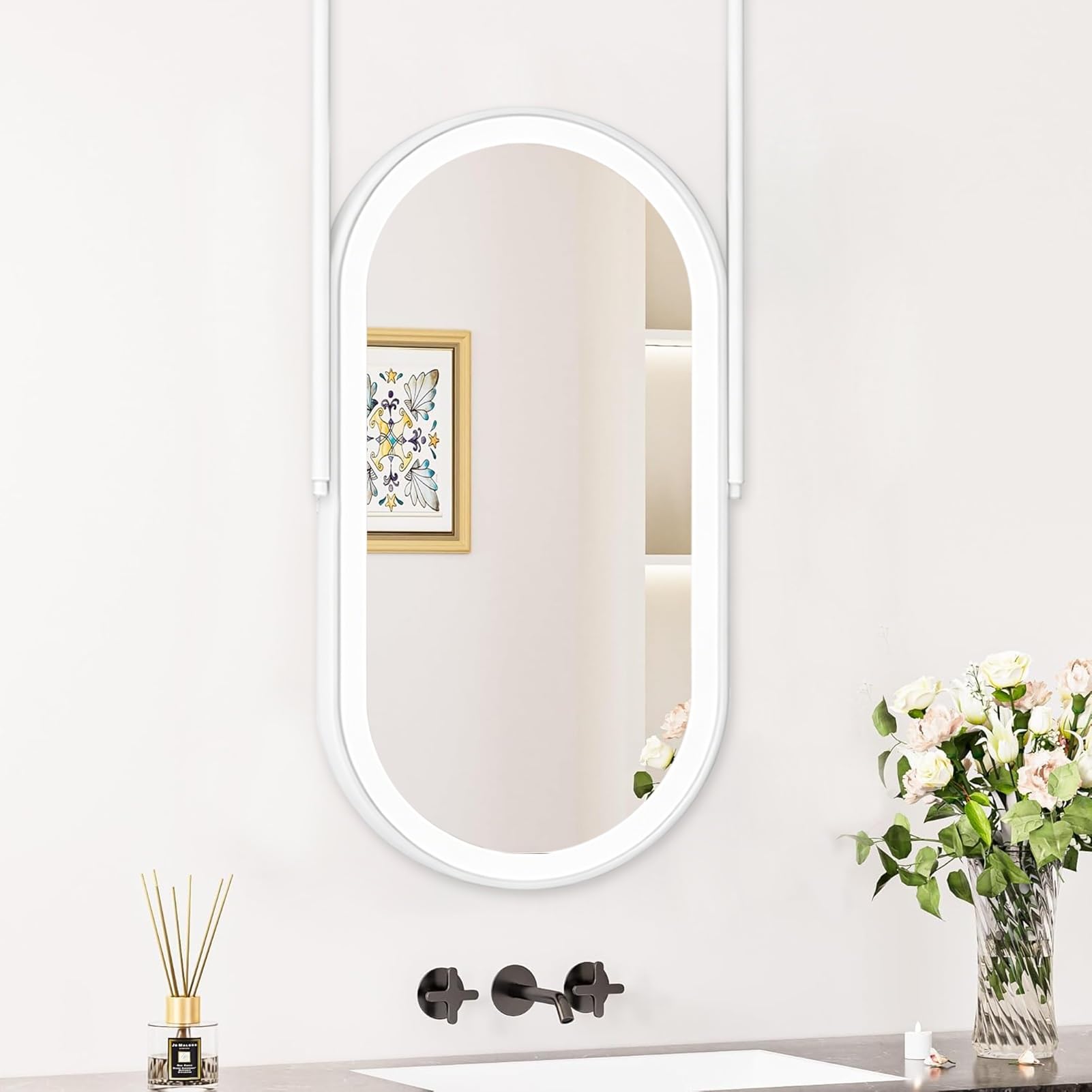 FGXHHS Oval with LED Light，White Metal Framed Illuminated Wall Mounted 3 Colors Dimmable，Multifunction Vanity Mirrors Floating Decor Mirrors(40cmx60cm)