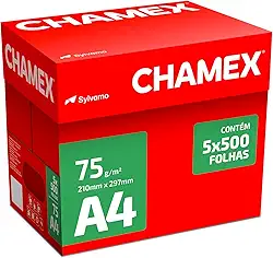 Papel Sulfite, Chamex, A4, 75 Gramas, Branco, Caixa com 5 Pacotes de 500 Folhas