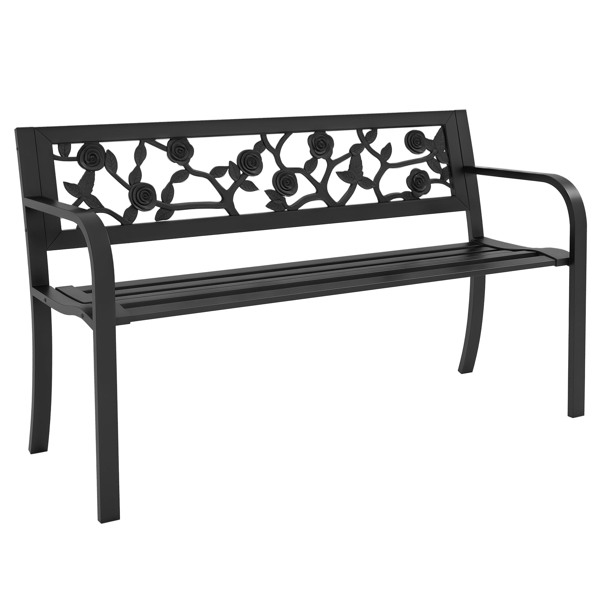 Outsunny 50" Banco Exterior de Metal, Banco 2 plazas Negro | Respaldo con patrón floral, reposabrazos curvo, invernadero, piscina, cubierta, jardín