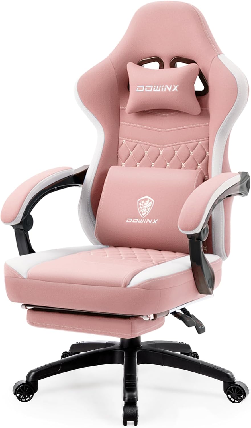 Pink Fabric Ergonomic Gaming Chair with Massage Lumbar Support and Footrest