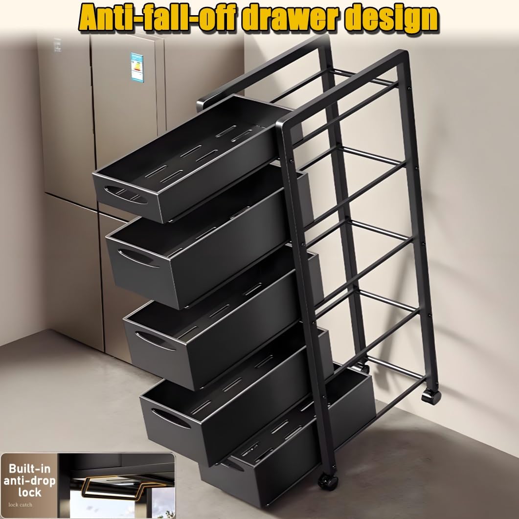 Carrello portaoggetti sottile in metallo a 5 ripiani, con ruote, salvaspazio, per cucina, bagno, colore: nero (26,9 x 38,9 x 134,9 cm)