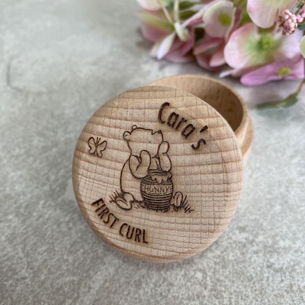 Luck And Luck Brown Personalised Winnie The Pooh First Curl Box, Baby Gift, Wooden Trinket Engraved Pot, 1St Curl Keepsake Box, Christening Gift