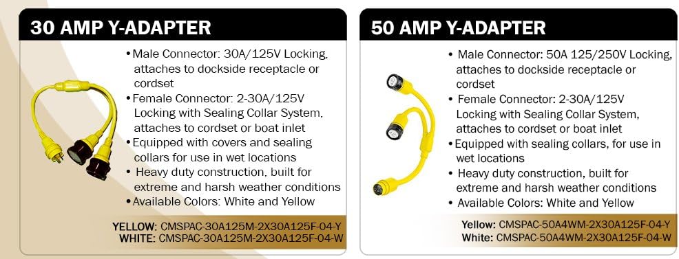 Cablemaster 30 Amp Marine Shore Power Y-adapter, Yellow - Free Same Day Shipping