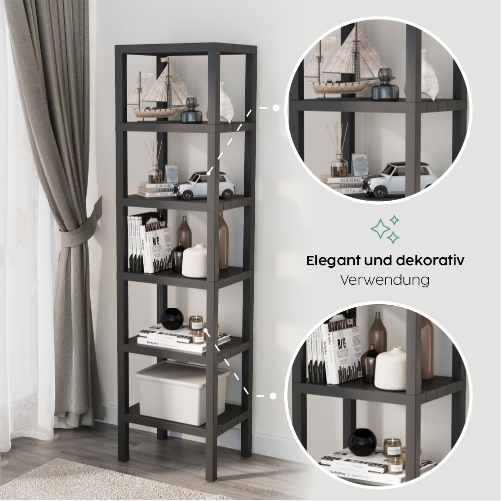 sugodesign OMBEG Étagère flexible à 6 niveaux en plastique - Capacité de charge de 10 kg par niveau - Montage sans outil - Pour salle de bain, cuisine, bureau - Noir