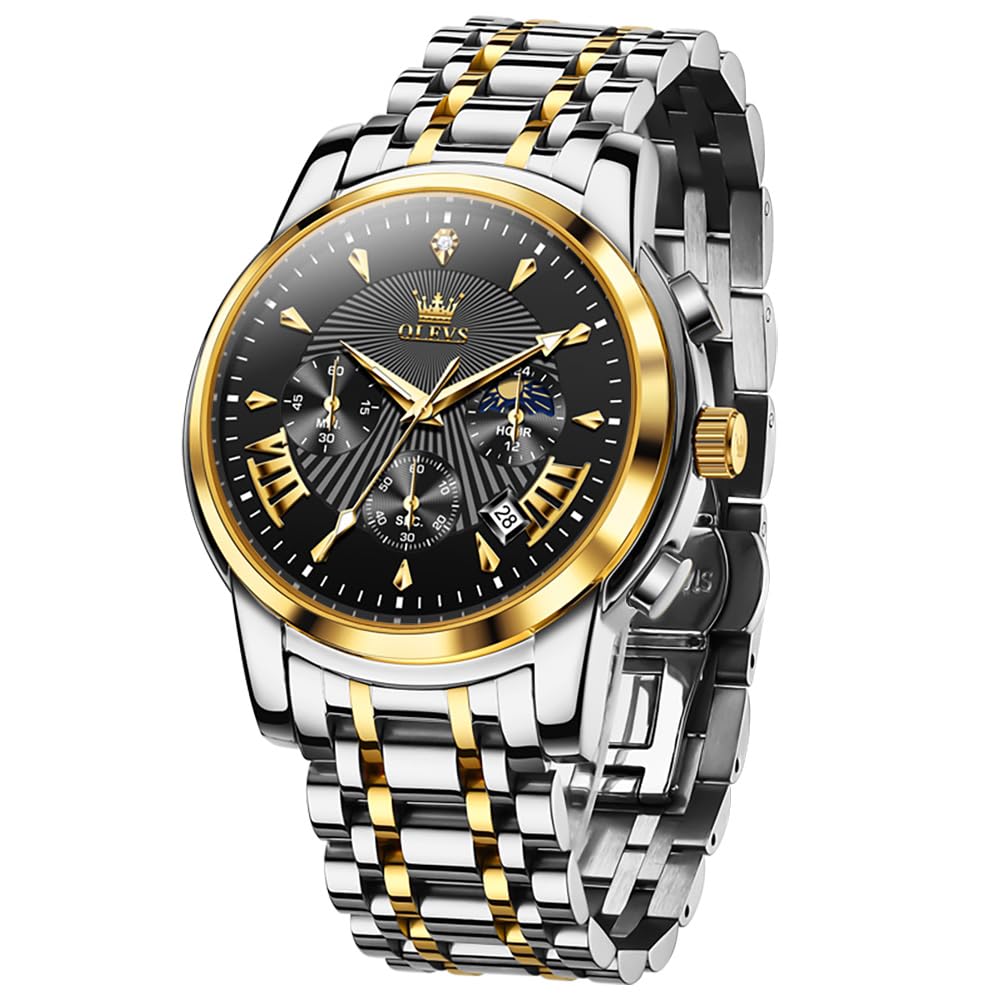 OLEVS Watches for Men Luxury Analog Quartz Big Face Stainless Steel Multifunctional Waterproof Date Two Tone Fashion Dress Wrist Watches for Man
