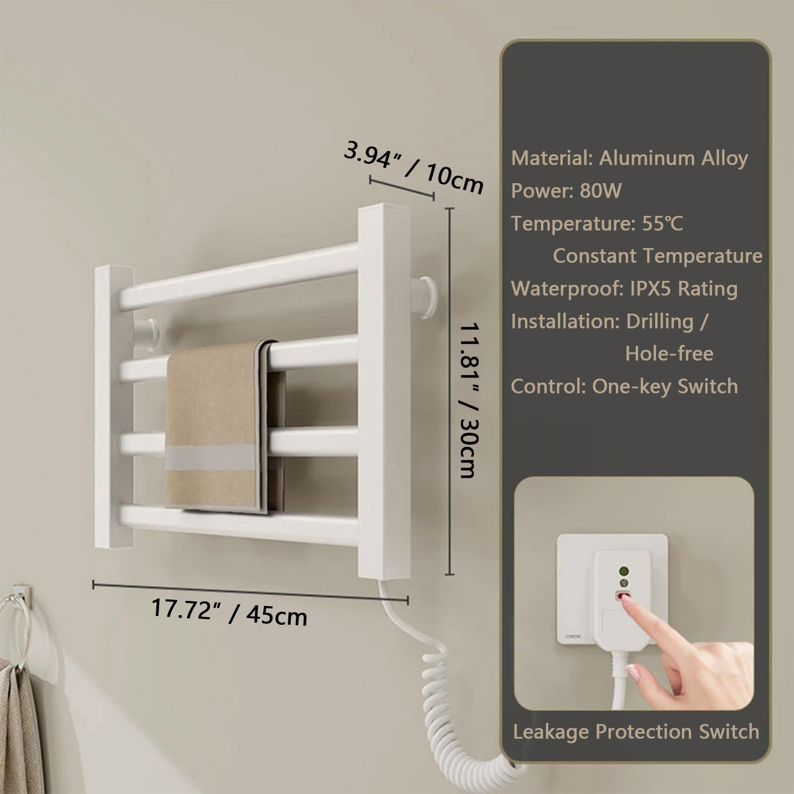 Radiador Toallero Eléctrico Bajo Consumo, Toallero Eléctrico Calefactado para Baño, Montado en Pared, Secador de Toallas con Termostato Integrado, 4 Barras y Ganchos-White