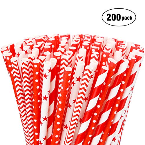 Hiware 200 Pack Biodegradable Bulk Red Paper Straws - 4 Different Patterns Drinking Straws for Beverage, Christmas, Celebrations, Holiday, Birthday, Wedding, Baby Shower, Party and Decoration