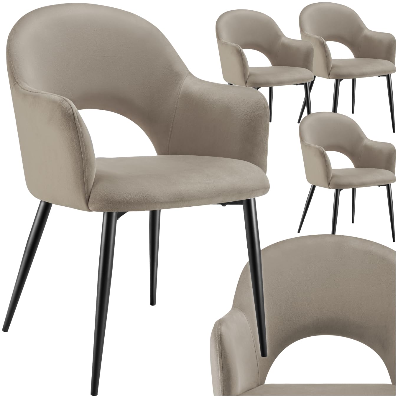 tectake® sillas de Comedor Elegantes, Terciopelo, Silla Comedor nordica, Silla de Cocina Acolchada con reposabrazos, sillas Comedor Modernas con Patas de Acero Antideslizantes - 4 Sillas Gris Topo