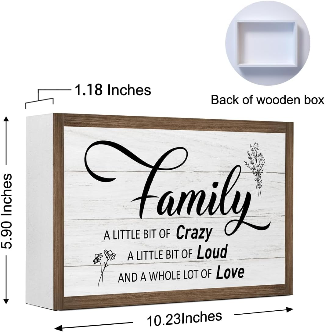 Family a Little Bit of Crazy Wooden Box Sign Decor,Rustic Family Saying Wooden Block Plaque Sign for Home Farmhouse Living Room Bedroom Shelf Desk Table Wall Decor - Image 2