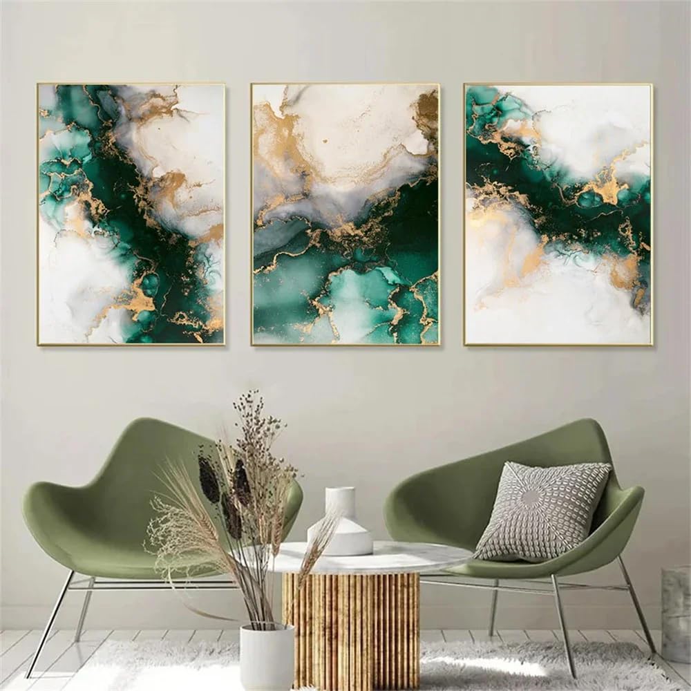 LMYSXAOZ Modern Luxury Green Gold Foil Marble Poster Painting Aesthetic Abstract Canvas Wall Art Print Picture Living Room Interior Decor-50x70cmx3 pcs No frame
