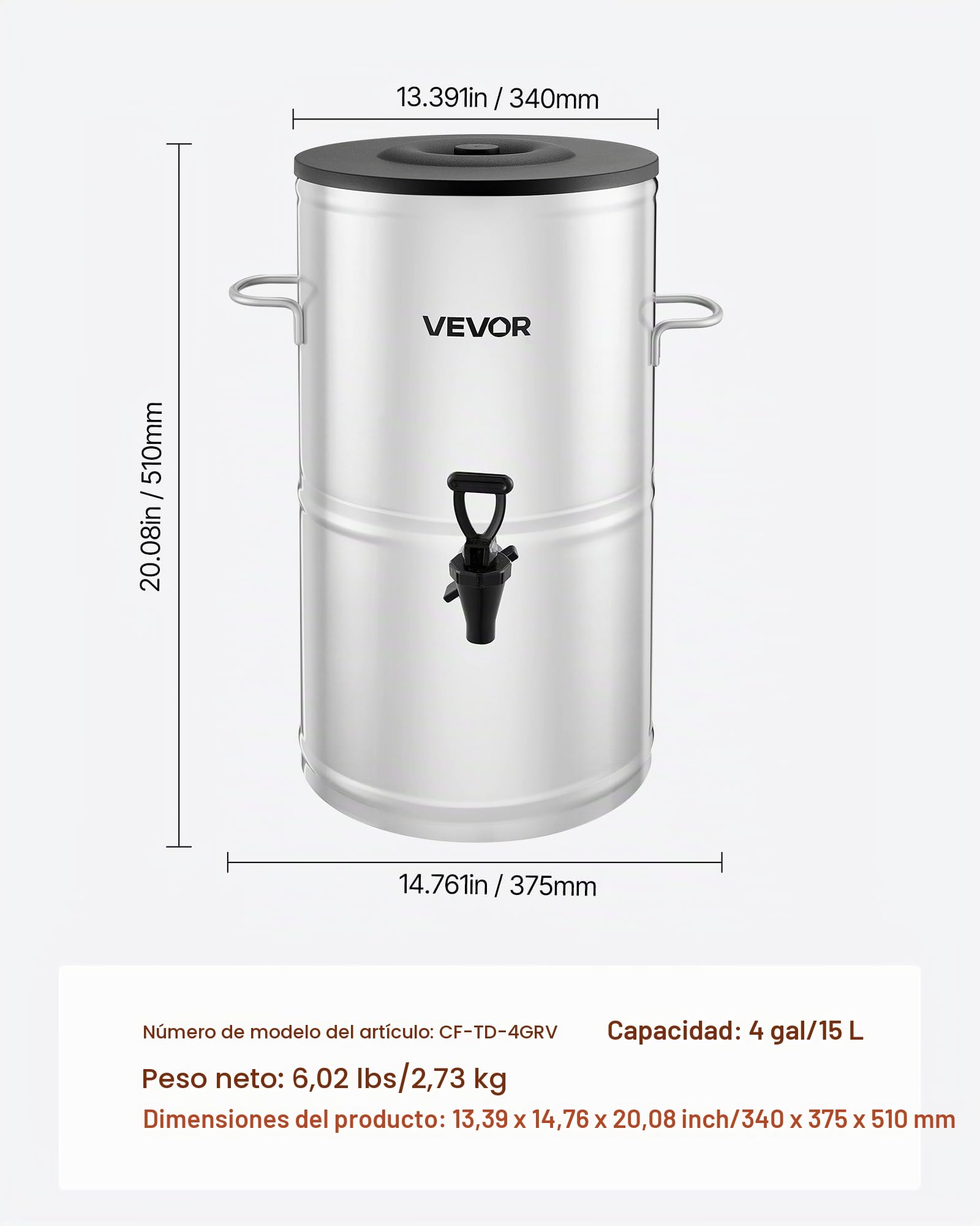 VEVOR Dispensador de Té Helado, 15 L, Acero Inoxidable 304, con Grifo y Asa, Apto para Bebidas Frías y Calientes, Té Helado, Café y Agua en Cafeterías y Restaurantes, 340 x 375 x 510 mm, Plata