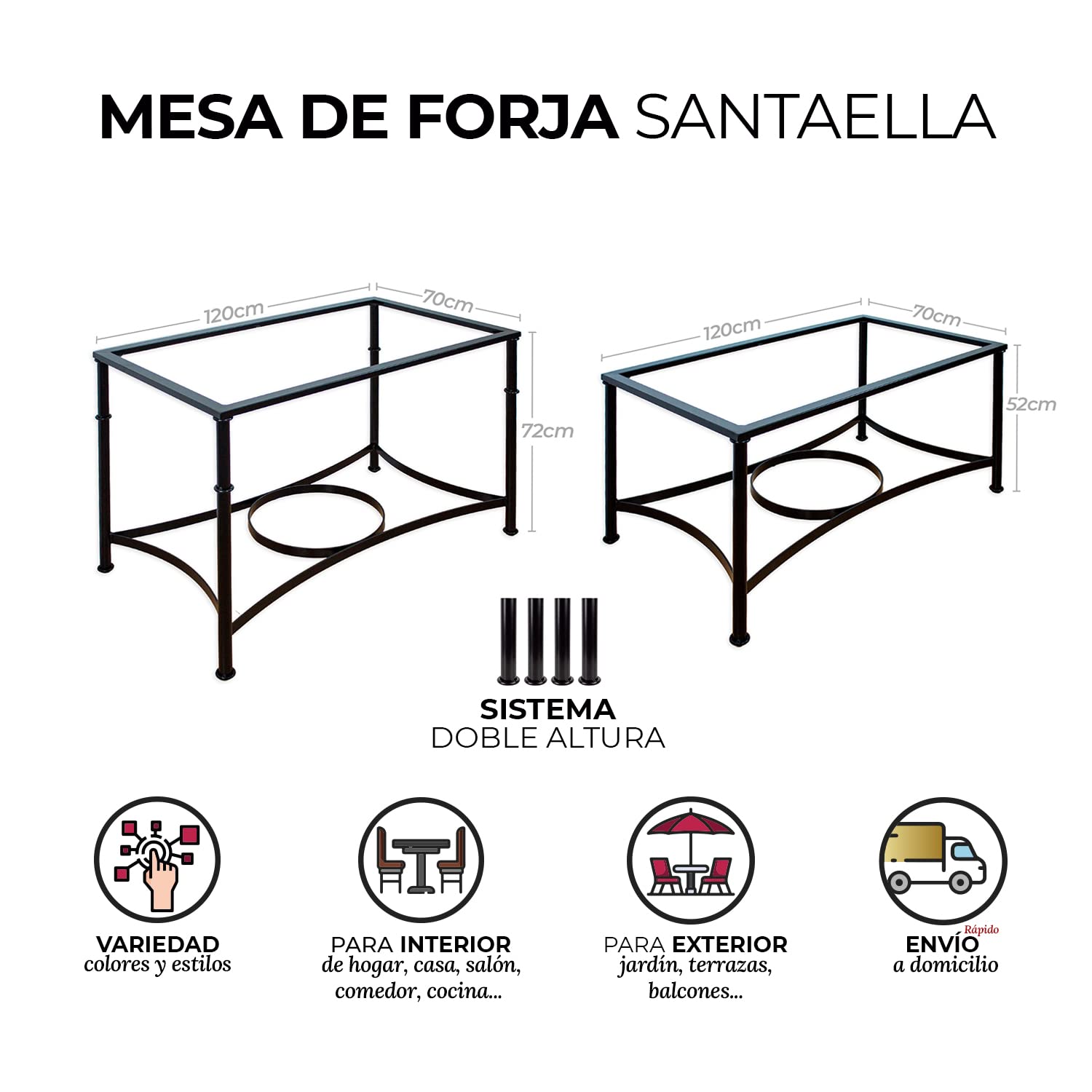 El Herrero Mesa de Forja para Salon, Comedor, Cocina, Mesa de Centro, Jardin | 120x70 Regulable a Doble Altura. Ideal para Ropa Camilla (Black, con Aro + Tablero + Cristal 6mm)