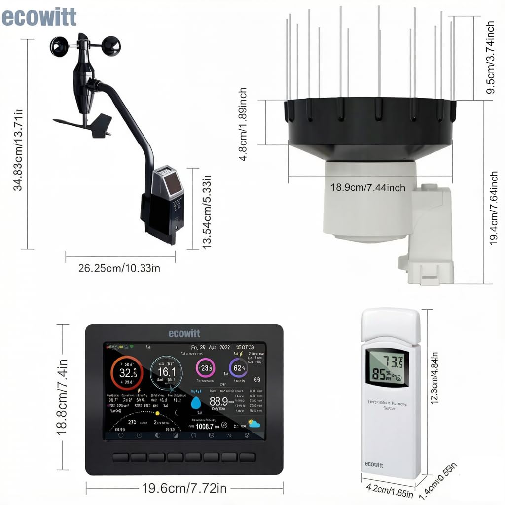 ECOWITT HP2552 stacja pogodowa 7 w 1, czujnik 4 w 1 WS68 + 7-calowa kolorowa konsola TFT Wi-Fi + czujniki temperatury i wilgotności do wewnątrz/na zewnątrz WH32 + deszczomierz WH40H