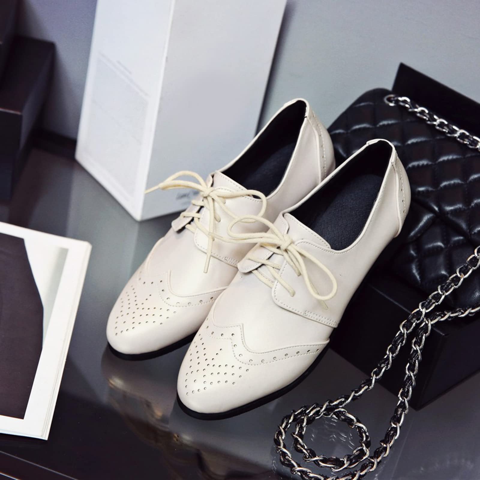 Oxford Talons Bas Femme, Chaussures Plates Dentellets Chaussures de Fête Bout Rond, Taille 32-54