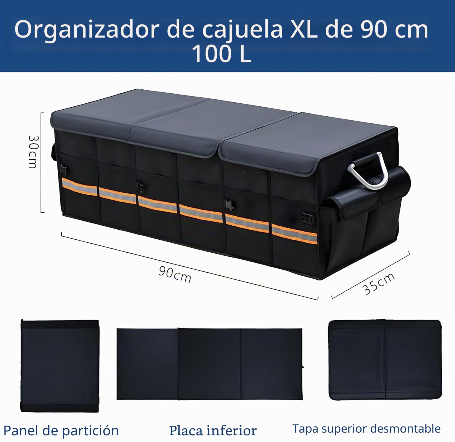 90cm 100L XL Grande Organizador Maletero Coche Grande, Viaje Caja Almacenamiento Organizador Coche,Resistente,Plegable,Multicompartimento, Esenciales Para Coche Negro (XL 35,4X13,8X11,8in)