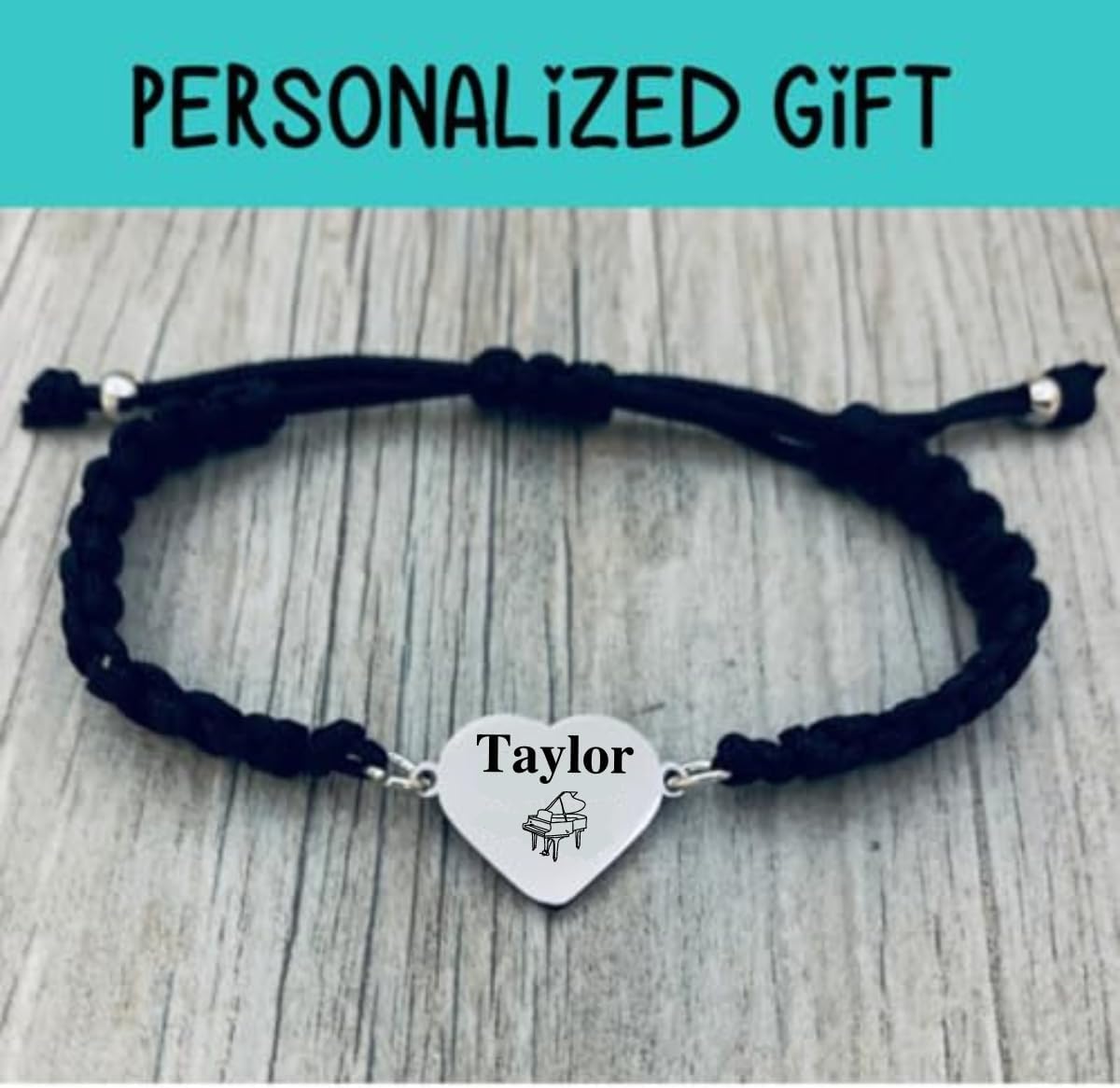 Personalized Piano Gift, Engraved Name Music Adjustable Rope Bracelet, Piano Jewelry, Pianists Gift, Bracelet for Musicians.