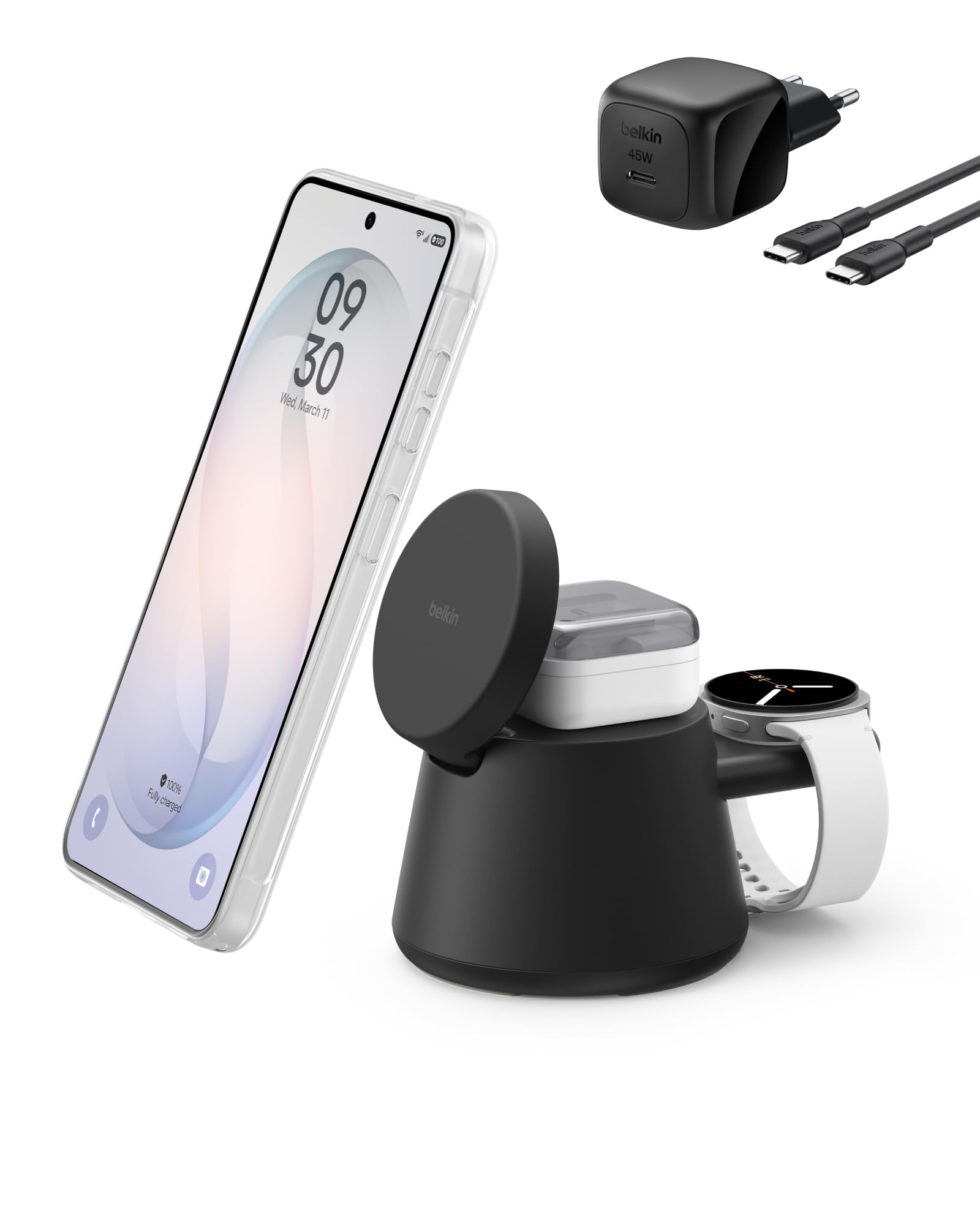 Belkin UltraCharge 3-in-1 Induktive Ladestation mit Qi2, 25W – Schwarz | Qi2.2-zertifiziert, Kabelloses Ladegerät mit USB-C-Port, Wireless Charger für iPhone, Galaxy, Kopfhörer; mit 45W Netzteil