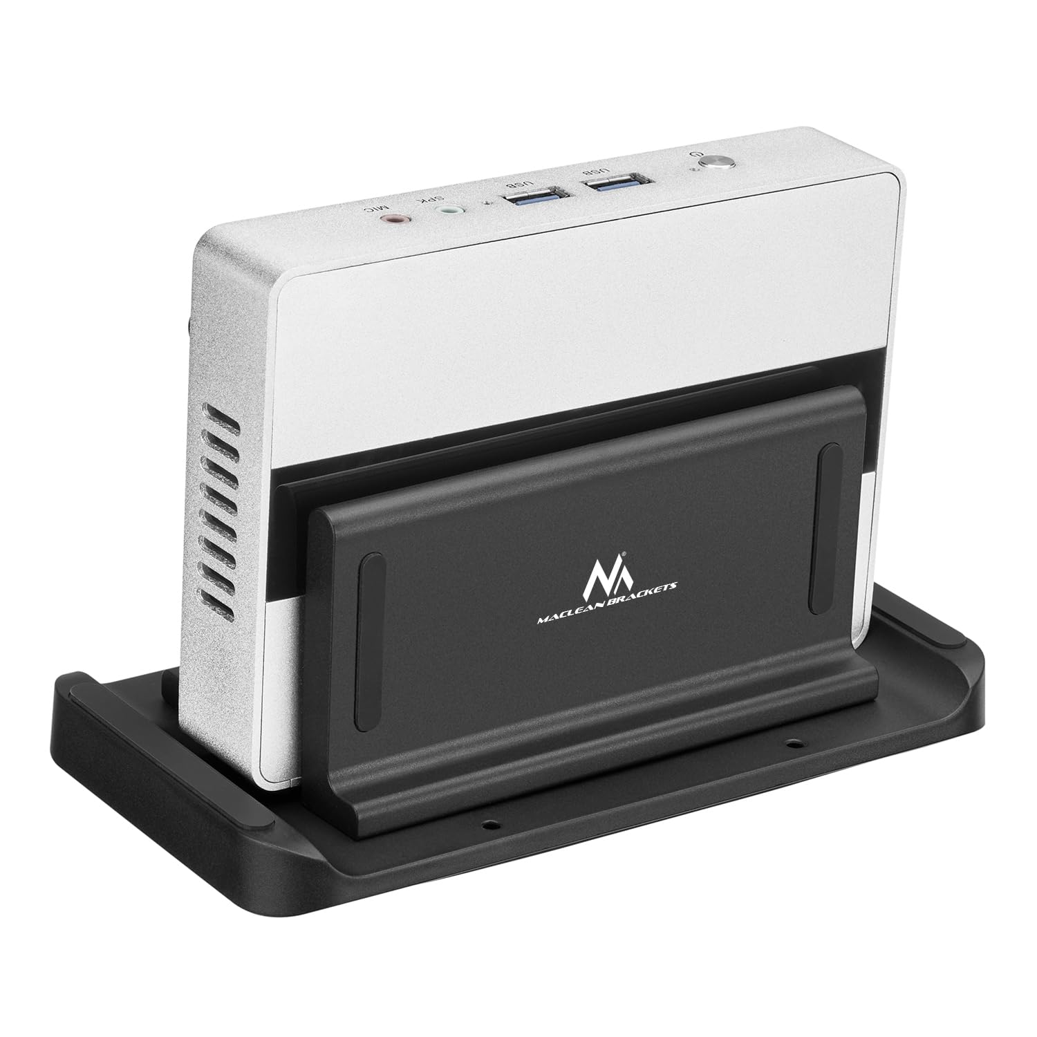 Maclean MC-454 Uchwyt do Minikomputera/Cienkiego Klienta 2 w 1 Wolnostojący lub Uchwyt VESA Zgodny z Uchwytami VEASA Maksymalne Obciążenie 3 kg Regulowana Szerokość: min. 5 mm, maks. 70 mm Czarny
